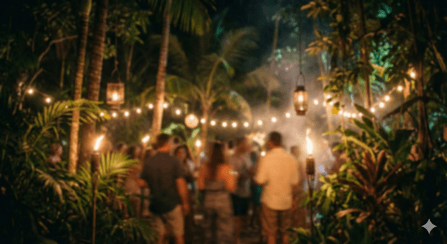 קהל חוגג במסיבה לילית